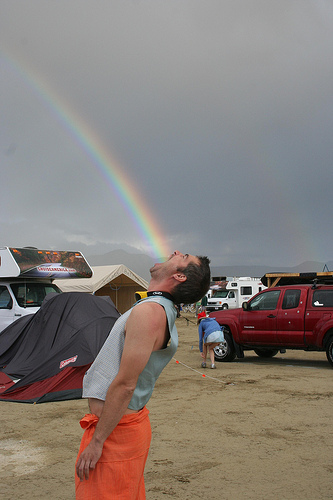 Photograph of a man appearing to eat a rainbow! A funny example of a forced perspective photograph